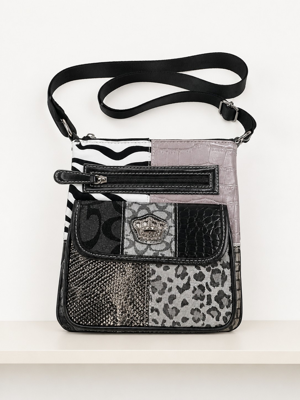 Women's Patchwork Crossbody Bag in Black and Gray - Designer-Inspired
